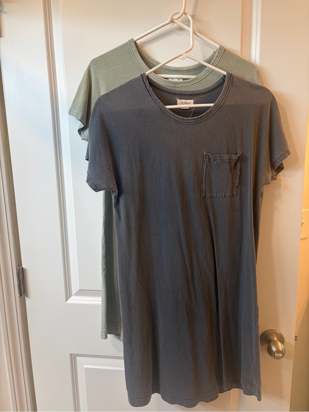 Vintage-Wash Crew Pocket T-Shirt Dresses - Slate Gray and Sage